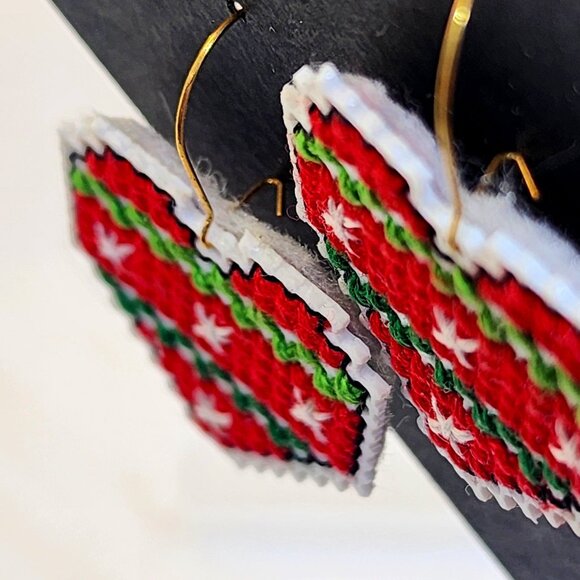 Holiday Christmas HEARTS Red Green Cross Stitch Handmade Dangle Pierced Earrings - Picture 4 of 5